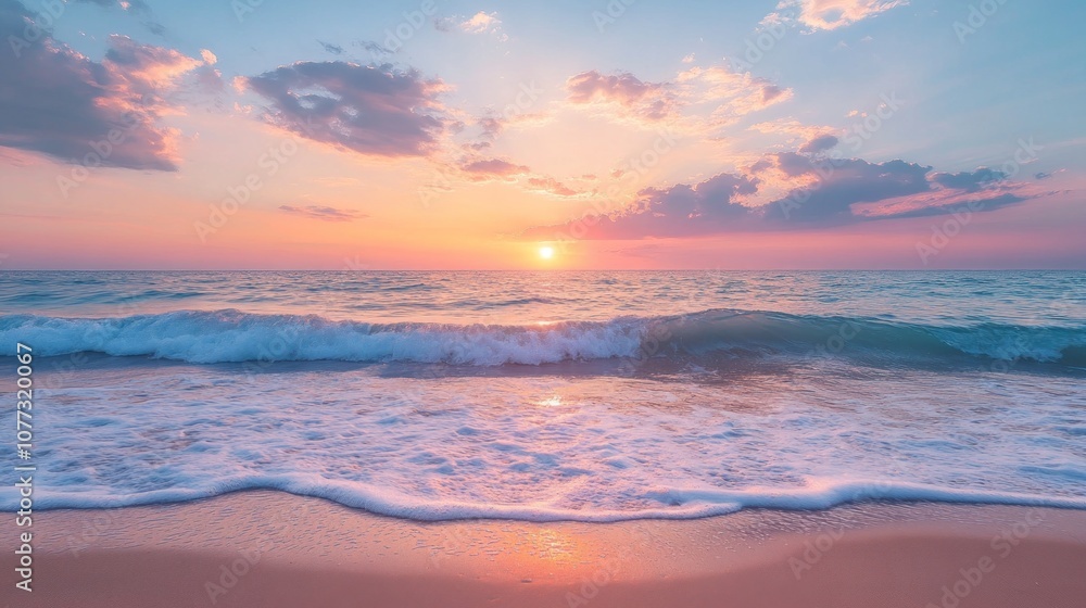 Fototapeta premium A picturesque sunset over a calm ocean with gentle waves crashing on the sandy beach.