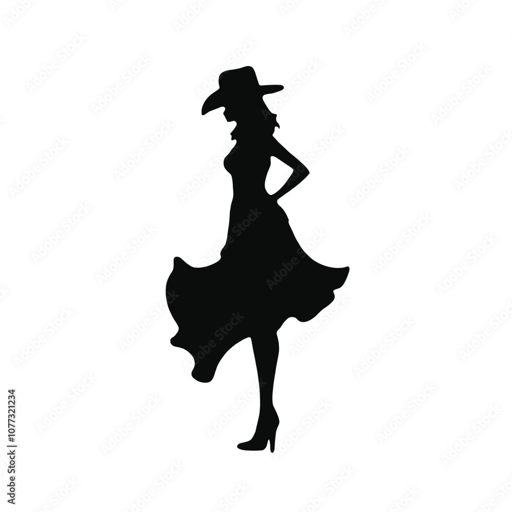 Fototapeta premium A silhouette of a woman wearing a cowgirl hat and a long dress, standing in a confident pose