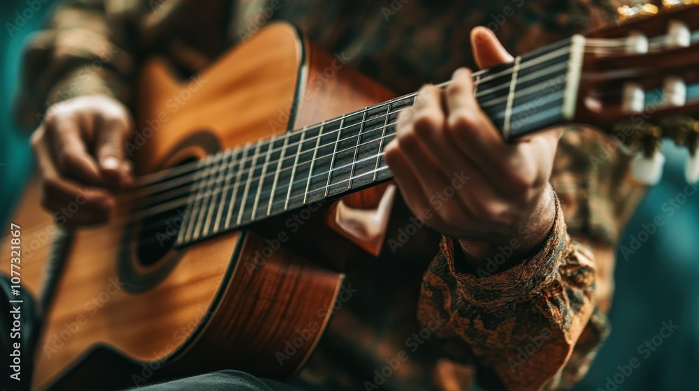 Fototapeta premium Close-up of a Hand Playing an Acoustic Guitar
