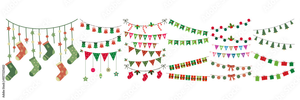 Obraz premium Colorful Christmas Lights, Festive Banners and Party Flags. Happy New Year decoration signs