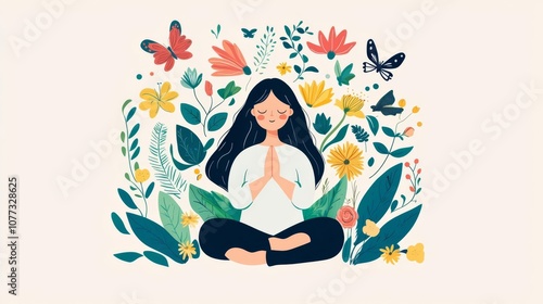 A serene woman meditating amidst vibrant flowers and butterflies, promoting peace, nature, and inner harmony.