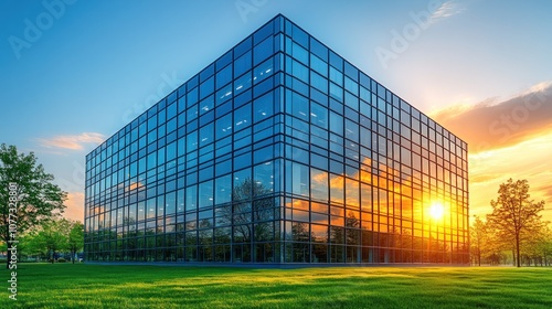 Modern office building with glass facade reflecting sunset. photo