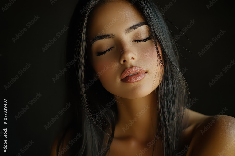 Obraz premium A serene moment of a beautiful woman with long hair embracing tranquility indoors