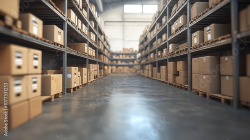 Wallpaper Mural A view down a warehouse aisle with shelves full of cardboard boxes. Torontodigital.ca