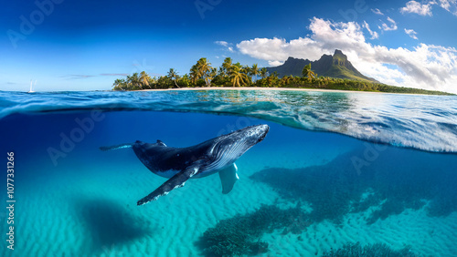 Indian Ocean, Mauritius Whale and humpback whale and vibrant coral reefs and sea Turtles. Mauritius island under waterfall, Mauritius undersea, Mauritius sea, humpback whale