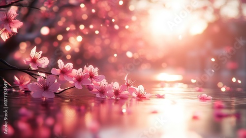 Pink cherry blossoms float on a still pond at sunset.