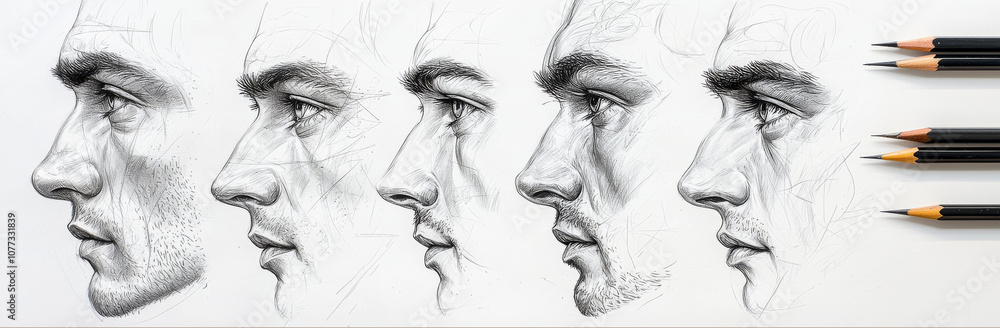 Obraz premium Detailed pencil sketches showing progression of male face from rough outline to refined detail, showcasing artistic techniques and shading