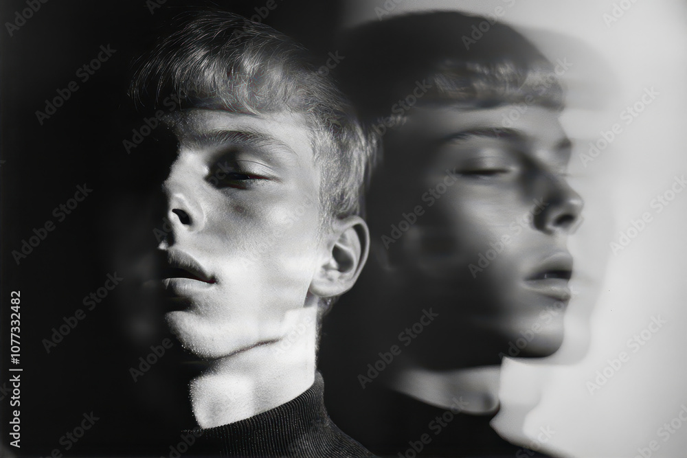 Fototapeta premium Intimate moment between two young men in soft light, captured in a timeless black-and-white style