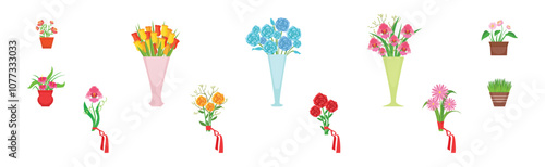 Blooming Flower Bouquet and Floral Bunch Vector Set