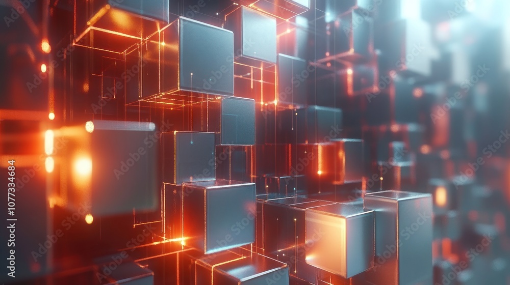 Fototapeta premium Abstract 3D background with glowing lines and cubes.