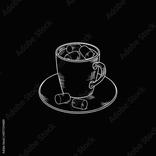 Black and white sketch drawing of a cup with a hot drink and marshmallows on a saucer. Sketch in the style of engraving on a black background, creating a cozy atmosphere.