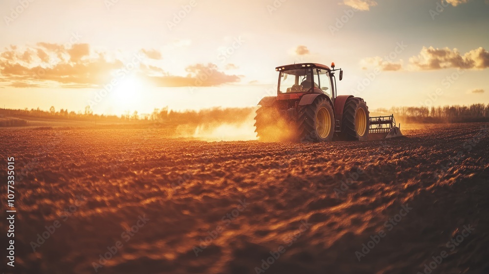 Fototapeta premium Tractor Plowing a Field at Sunset