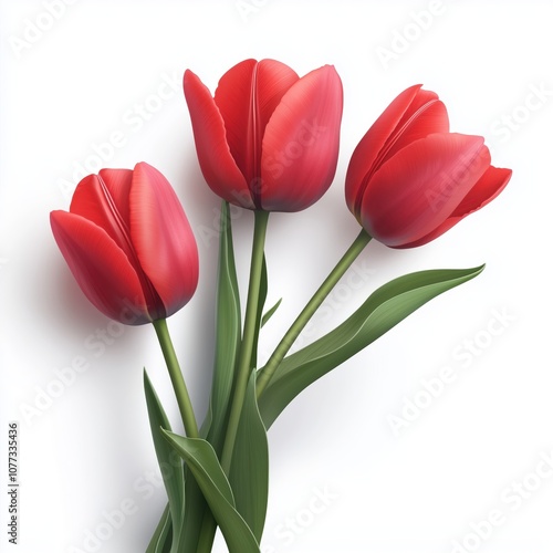 A vibrant bouquet of red tulips with lush green leaves, captured in high-resolution detail to highlight its beauty