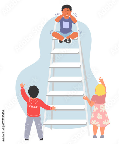 Little boy child character screaming scared of height sitting on ladder cartoon vector illustration. Kid acrophobia concept