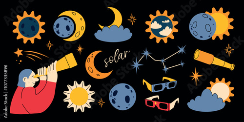 Solar Eclipse set. Vector flat style set of solar eclipse elements for infographic. Illustration in flat style for kids education at school, stickers, scrapbooking.