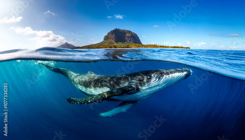Indian Ocean, Mauritius Whale and humpback whale and vibrant coral reefs and sea Turtles. Mauritius island under waterfall, Mauritius undersea, Mauritius sea, humpback whale
