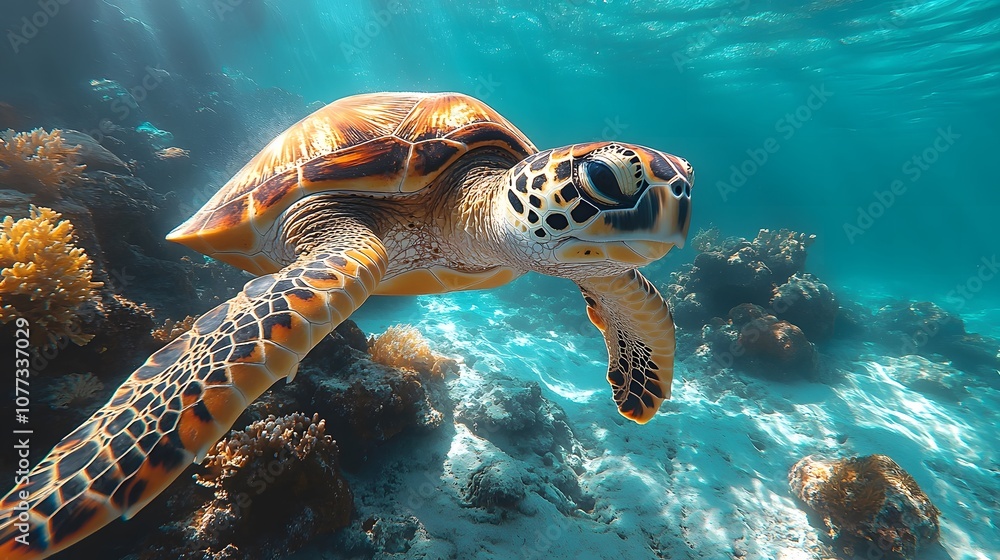 Fototapeta premium Sea Turtle Swimming in a Coral Reef