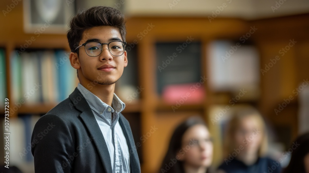 Obraz premium A Young Man in Glasses and a Suit Jacket Stands Before a Blurred Library Background