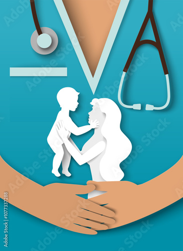 Pediatric paper cut craft poster with pediatrician doctor hands hugging mom with newborn baby. Professional help and support, maternity and family planning center concept