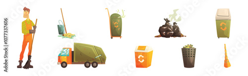 Street Garbage Gather and Collect Object Vector Set
