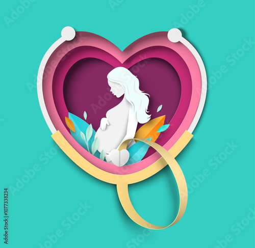 Fertilization and pregnancy medicine paper cut craft poster with pregnant woman hugging her belly surrounded by stethoscope in shape of heart vector illustration