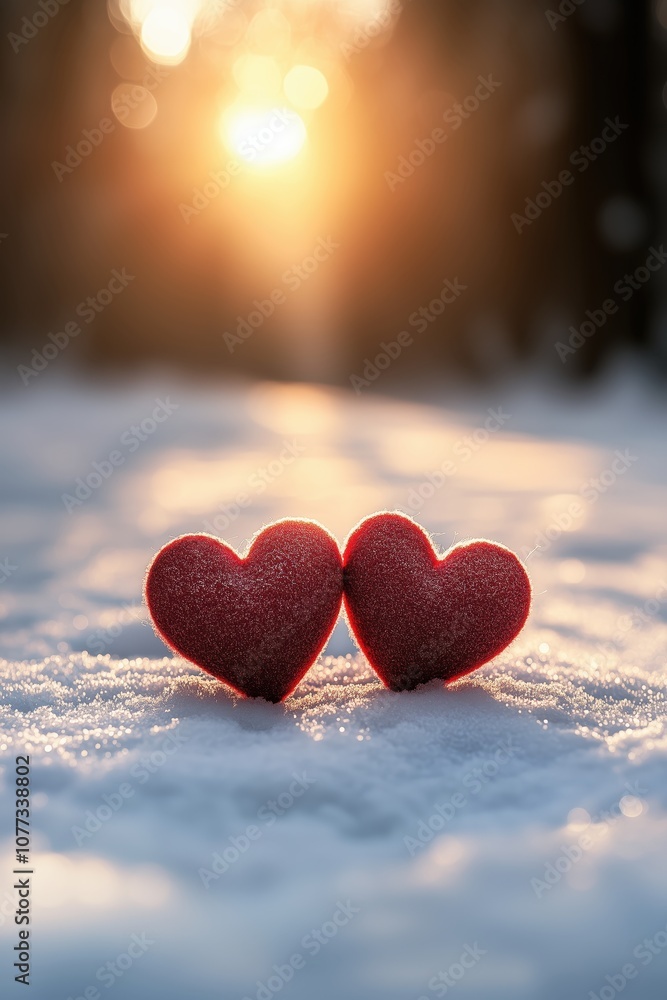 Fototapeta premium Valentine's Day red hearts nestled in the snow, surrounded by a dreamy, softly blurred forest scene