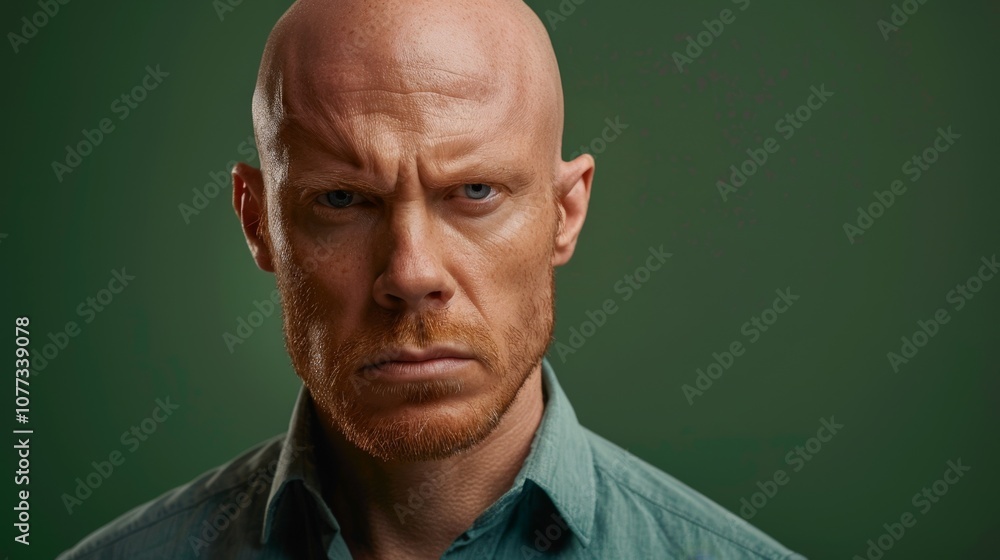 Fototapeta premium A man with a bald head and red hair is staring at the camera. He has a serious expression on his face