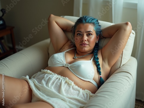 A young woman with distinct blue hair relaxes on a light-colored sofa, portraying a casual and serene atmosphere in a well-lit room. Fat, overweight, obesity, plus size body positivity photo