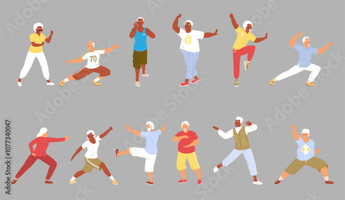 Elderly people characters practicing tai chi Chinese gymnastics set. Mature woman and senior man training for health and wellness vector illustration
