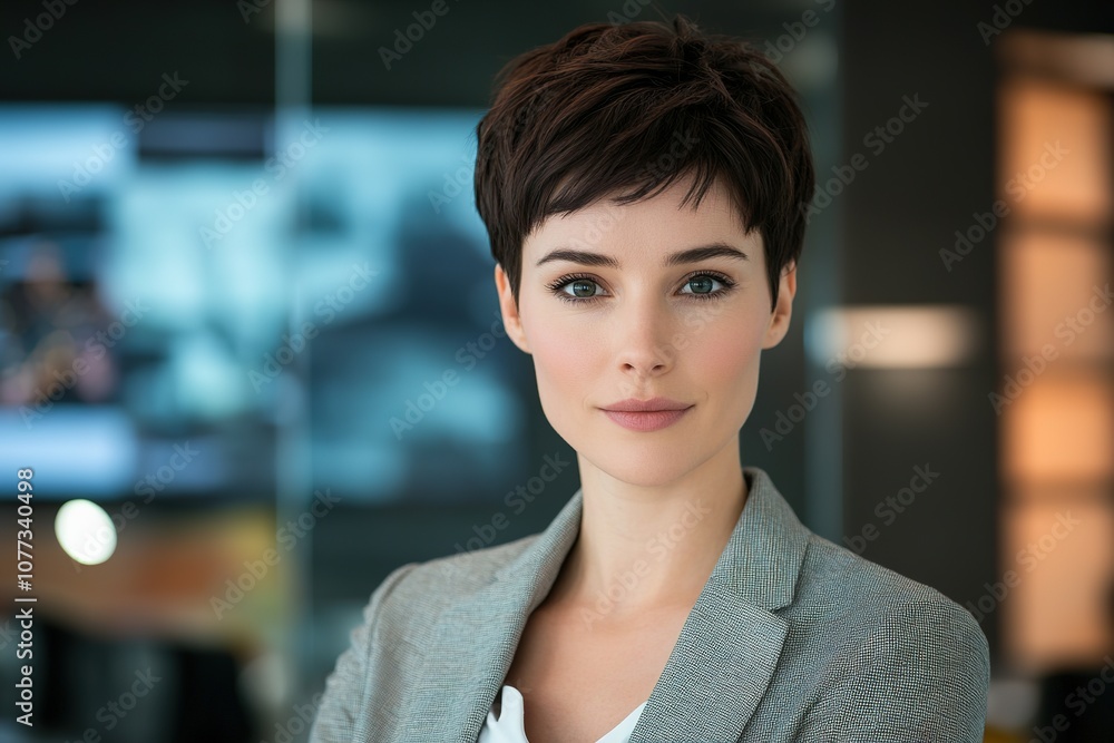 Obraz premium Elegant businesswoman with modern hairstyle in office setting