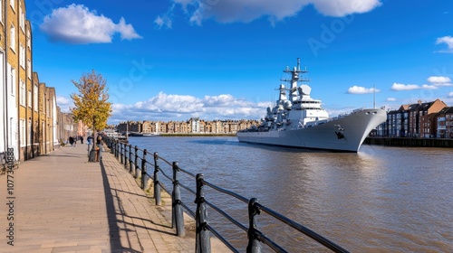 A U.S. Navy aircraft carrier approaches London, gracefully sailing through the waters of White Hitchers Disropolis under a vibrant blue sky photo