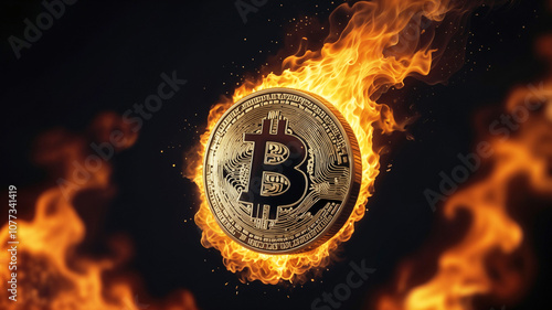 bitcoin engulfed in bright flames on a dark background, cryptocurrency finance, stability and strength of the coin, virtual wallet