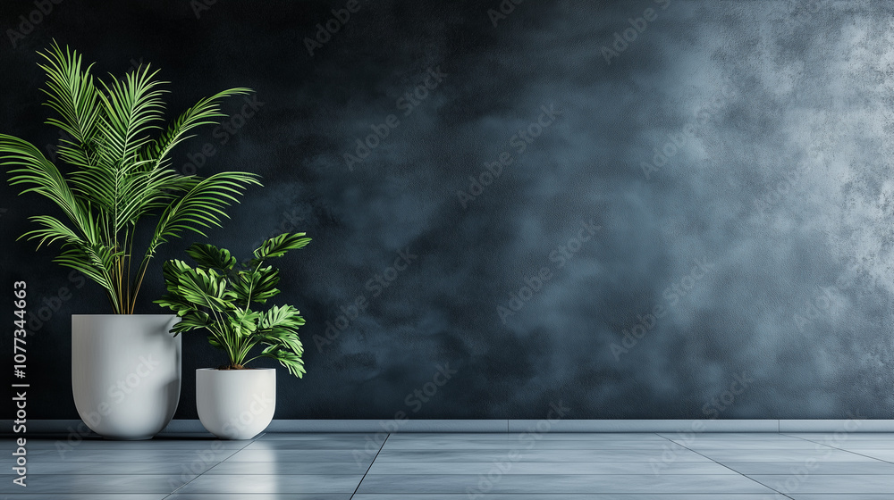Fototapeta premium Lush green plants in decorative white pots, set against a matte dark wal