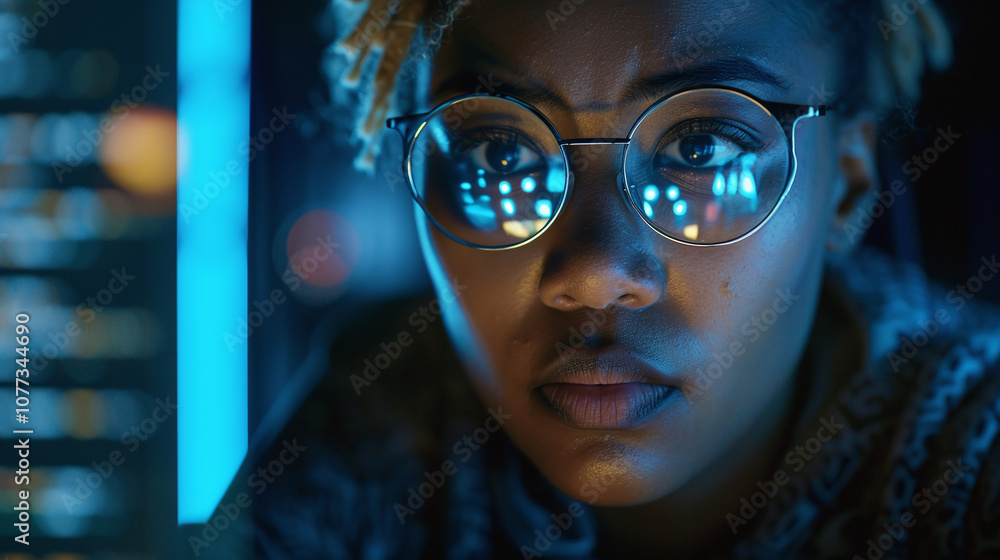 Focused Individual With Glasses Analyzing Data on a Screen in a Modern, Dimly Lit Workspace During Late Evening Hours Focused Individual With Glasses Analyzing Data on a Screen in a Modern, Dimly Lit Workspace During Late Evening Hours