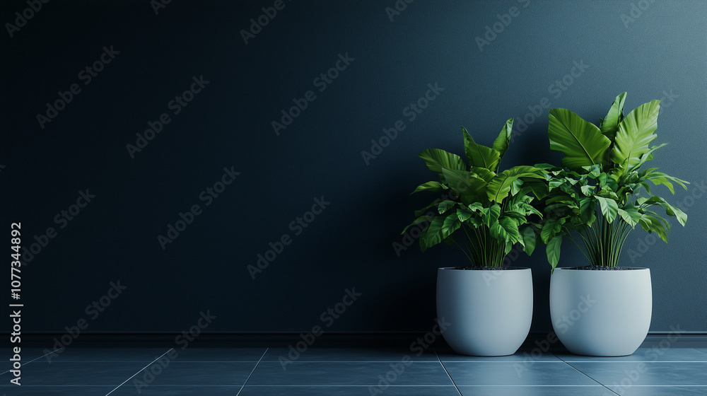 Fototapeta premium Lush green plants in decorative white pots, set against a matte dark wal