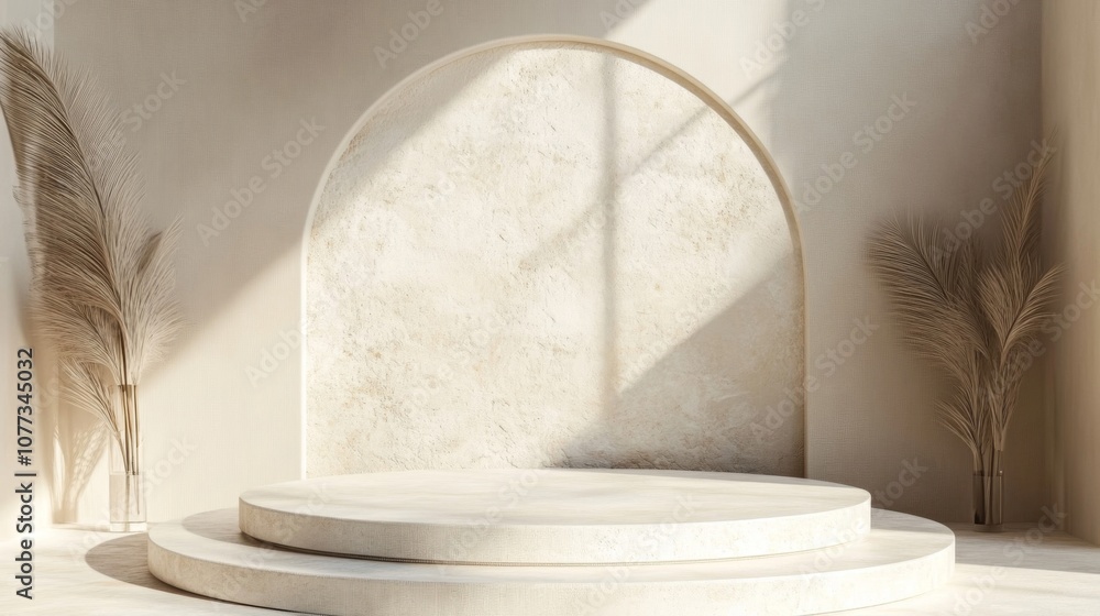 Minimalist White Platform with Dried Palm Branches and Arched Wall Minimalist White Platform with Dried Palm Branches and Arched Wall