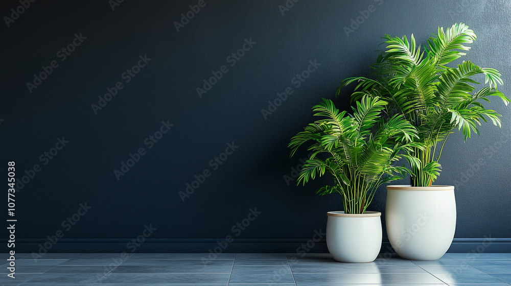 Lush green plants in decorative white pots, set against a matte dark wal Lush green plants in decorative white pots, set against a matte dark wal