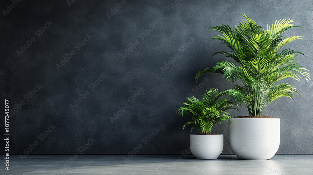 Fototapeta premium Lush green plants in decorative white pots, set against a matte dark wal
