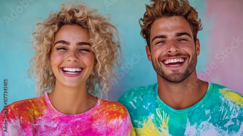 Unbridled Joy:  A couple radiates happiness and carefree laughter, their tie-dye shirts mirroring the vibrant, colorful backdrop. This image captures the essence of youthful exuberance and shared joy. photo