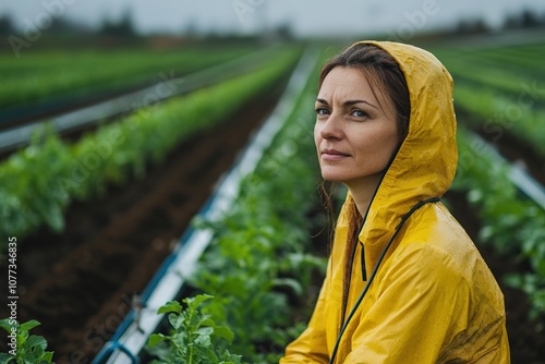 Yellow raincoat clad woman in green farm field photo