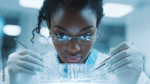 A Focused Scientist Conducts Experiments in a Laboratory, Meticulously Analyzing Samples Under Bright Lights During a Research Session