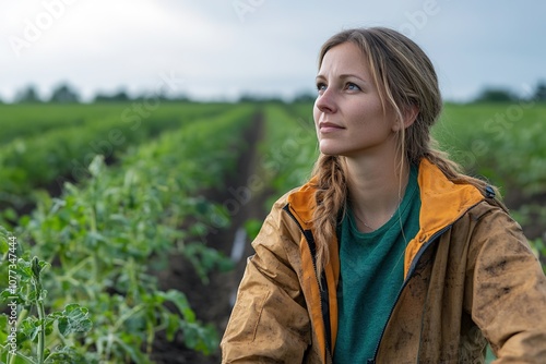 Hopeful farmer looking at sky over green field