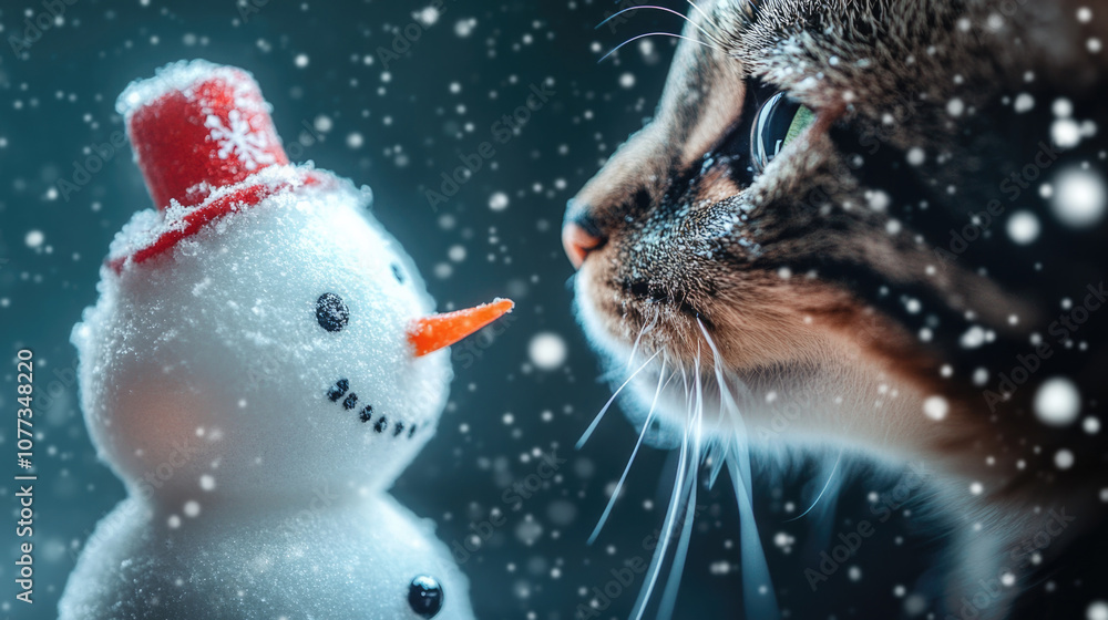 Obraz premium A close-up view of a cat inquisitively examining a small, charming snowman in a wintry setting, illustrating curiosity during gentle falling snowflakes.