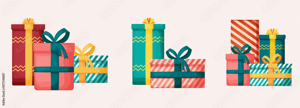 Beautiful three stacks of boxes design with tied ribbon and cute bow ...