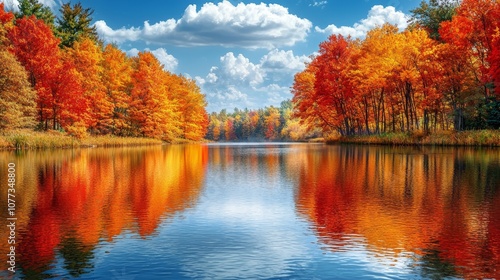 A vibrant autumn landscape featuring colorful trees reflecting on a serene lake under a bright blue sky with fluffy clouds.