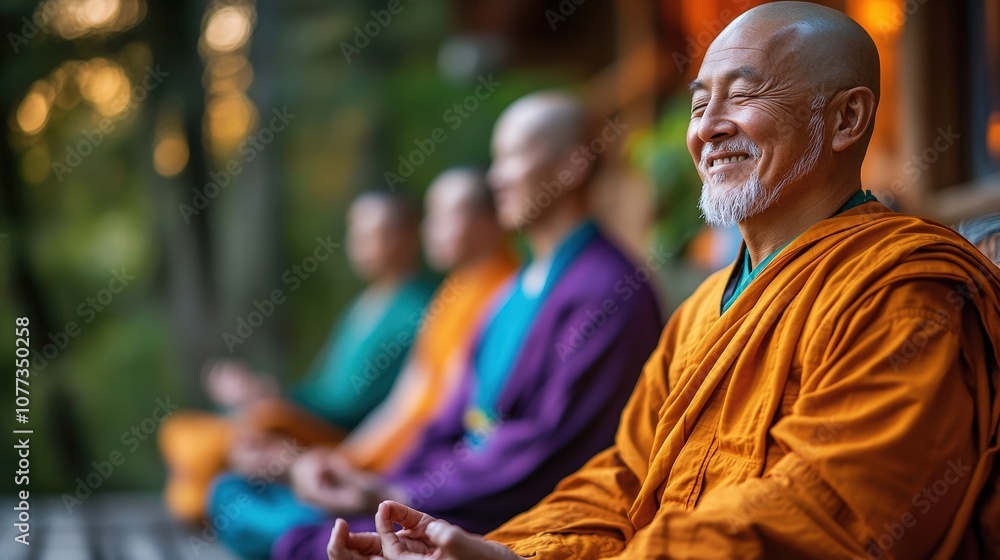 A group of monks wearing vibrant robes are meditating peacefully in a serene outdoor setting, with a mature monk leading a moment of tranquility and mindfulness together. A group of monks wearing vibrant robes are meditating peacefully in a serene outdoor setting, with a mature monk leading a moment of tranquility and mindfulness together.