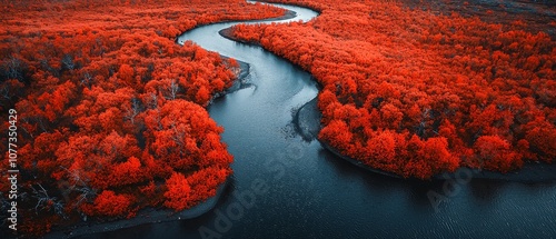 An aerial view of a winding river surrounded by vibrant red foliage, creating a stunning autumn landscape in a serene natural setting.