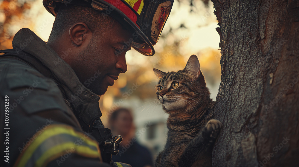 Firefighter Rescuing a Cat From a Tree During a Golden Hour, Showcasing Dedication and Compassion in a Community Setting