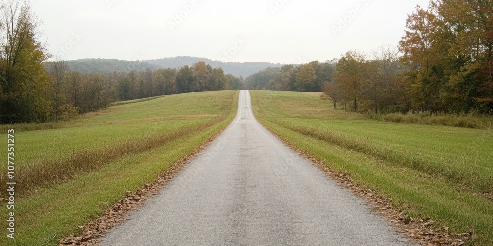 A smooth asphalt road stretches through vibrant green fields, flanked by majestic trees beneath a cloudy sky, showcasing natures beauty and inviting an unforgettable journey ahead A smooth asphalt road stretches through vibrant green fields, flanked by majestic trees beneath a cloudy sky, showcasing natures beauty and inviting an unforgettable journey ahead