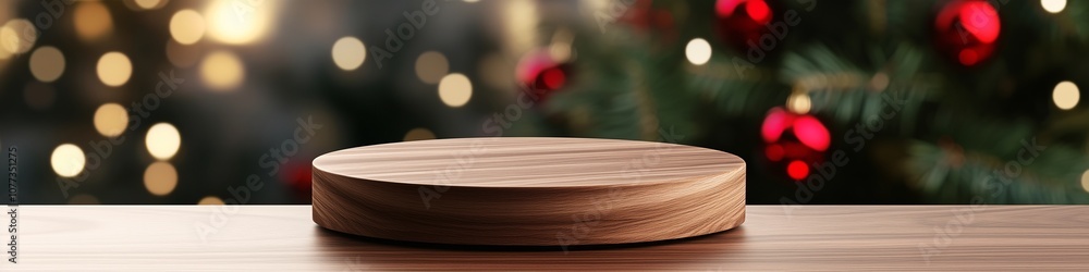 Empty wooden round podium on a Christmas background with lights and a Christmas tree, mock-up for design layout, display presentation, new year and christmas celebration concept Empty wooden round podium on a Christmas background with lights and a Christmas tree, mock-up for design layout, display presentation, new year and christmas celebration concept